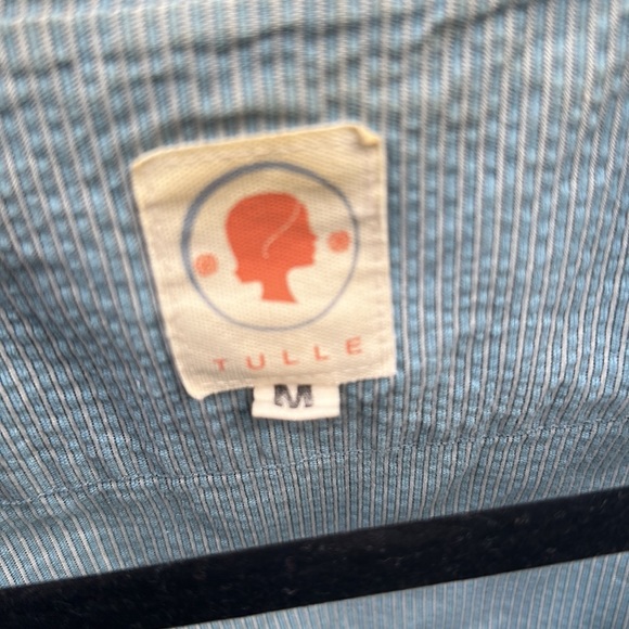 Tulle vest 5 button down belt on back 100% cotton lght blue with white stripes M - Picture 4 of 7